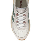 The top-down view of a recycled Gola sneaker with cream, green, and pink accents.