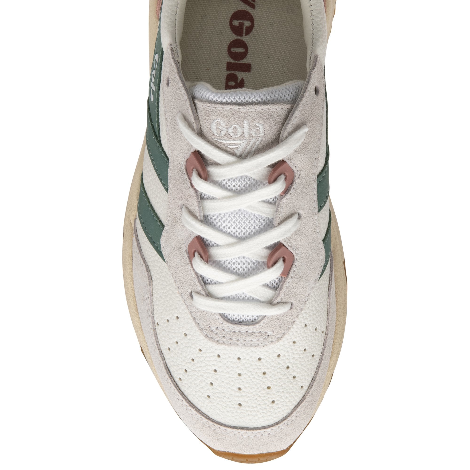 The top-down view of a recycled Gola sneaker with cream, green, and pink accents.