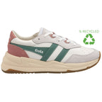 A recycled Gola sneaker with cream, green, and pink accents, viewed from the side with a recycled logo.