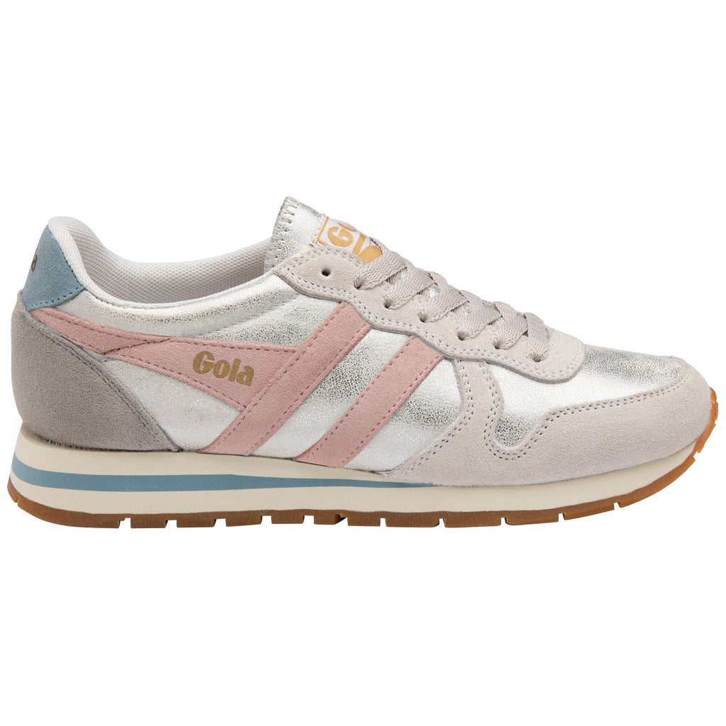 A side view of a Gola women's sneaker with silver, pink, and blue accents.