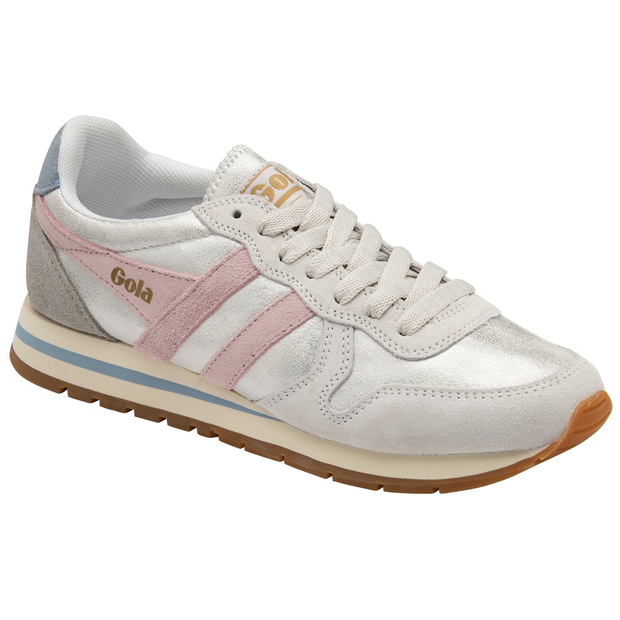 A side angle view of a Gola women's sneaker with silver, pink, and blue accents.