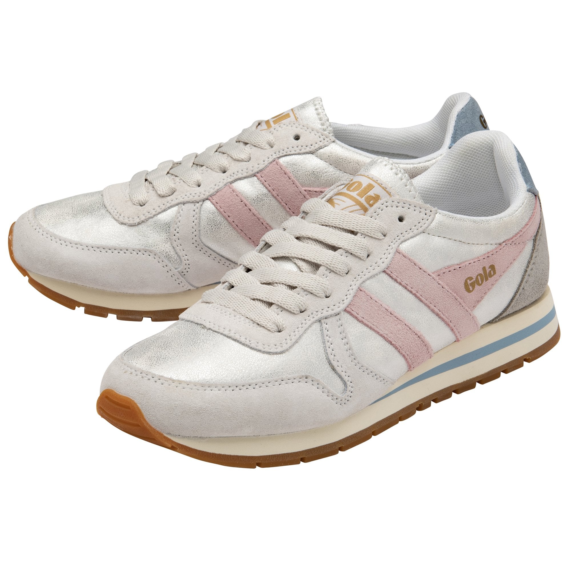 A pair of Gola women's sneakers with silver, pink, and blue accents, angled.