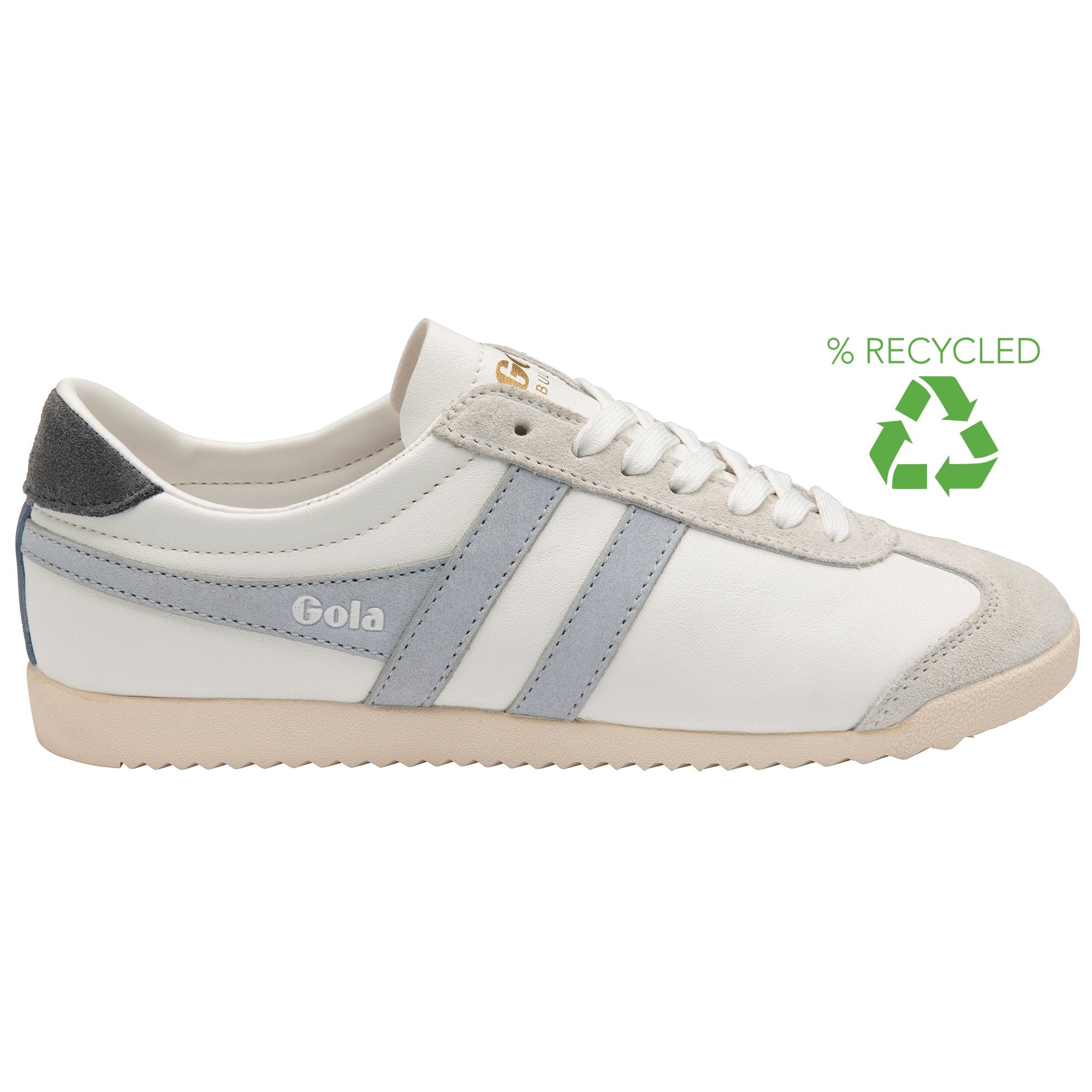 A white Gola Bullet sneaker with light blue stripes and a recycled logo.