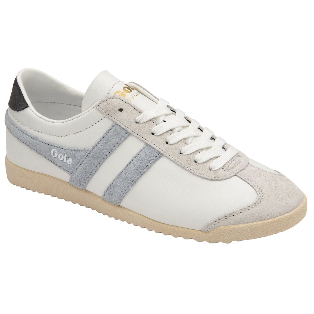 A single white Gola Bullet sneaker with light blue stripes from a side angle.