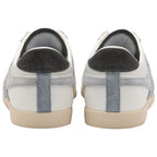 The back view of a pair of white Gola Bullet sneakers with light blue accents.