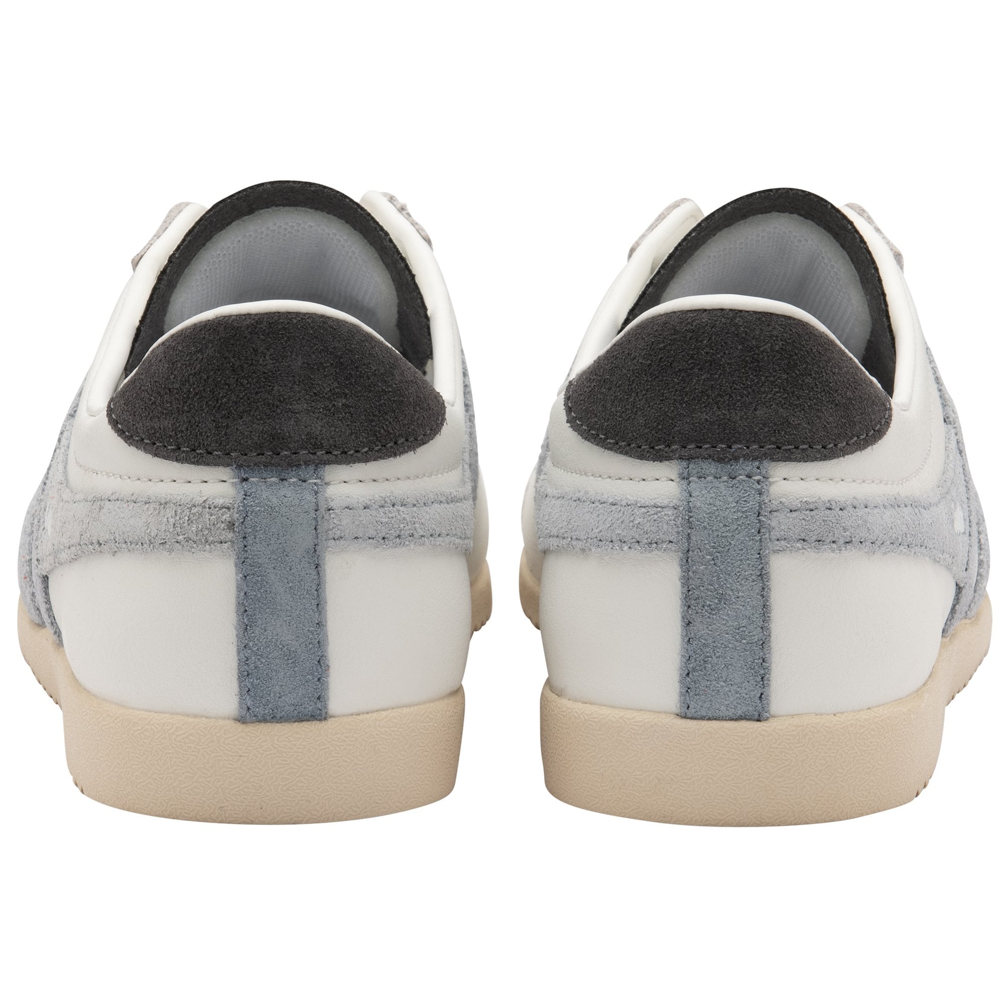 The back view of a pair of white Gola Bullet sneakers with light blue accents.