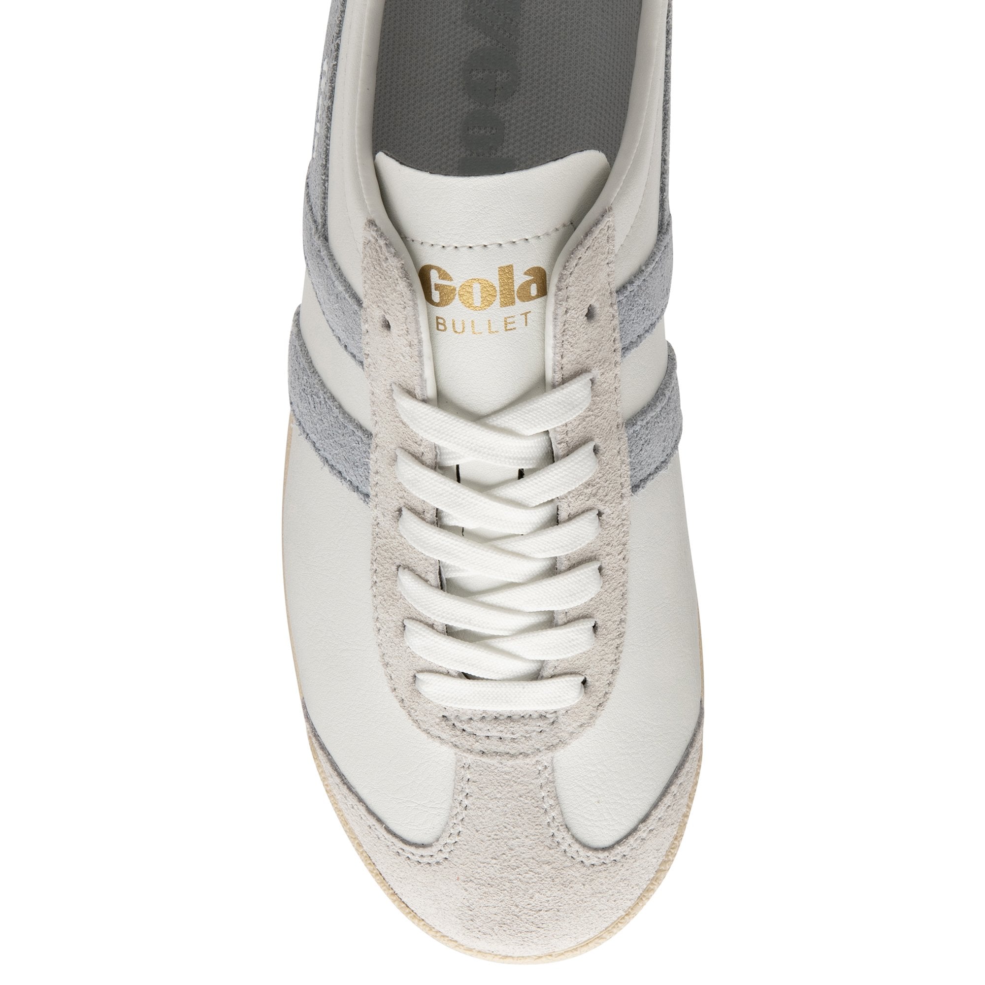 An overhead view of the toe and laces of a white Gola Bullet sneaker.