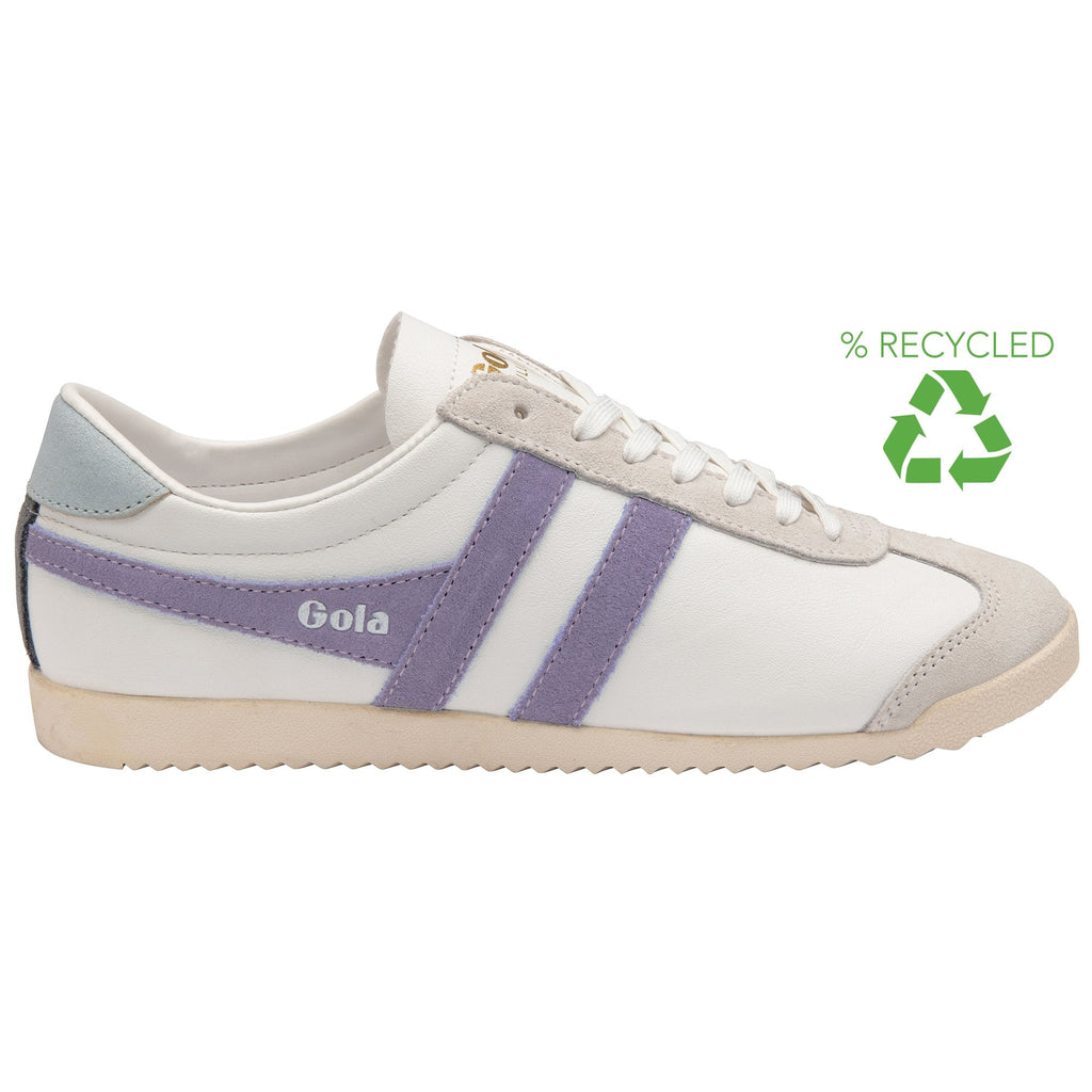 A white Gola Bullet sneaker with purple stripes, displaying a recycled logo on a white background.