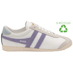 A white Gola Bullet sneaker with purple stripes, displaying a recycled logo on a white background.