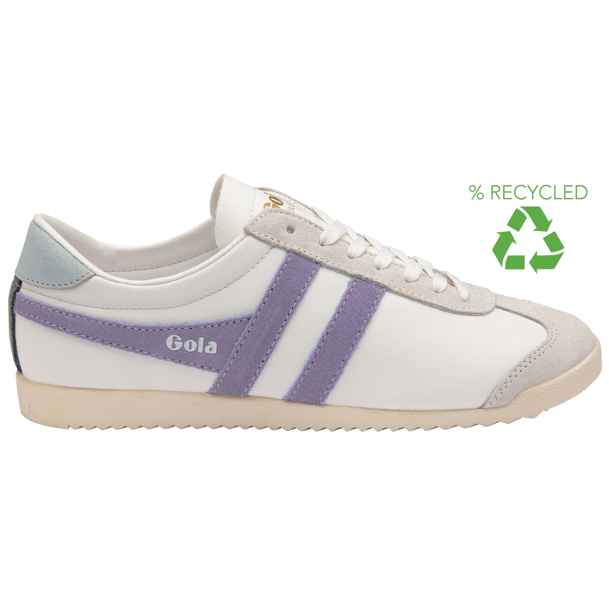 A white Gola Bullet sneaker with purple stripes, displaying a recycled logo on a white background.