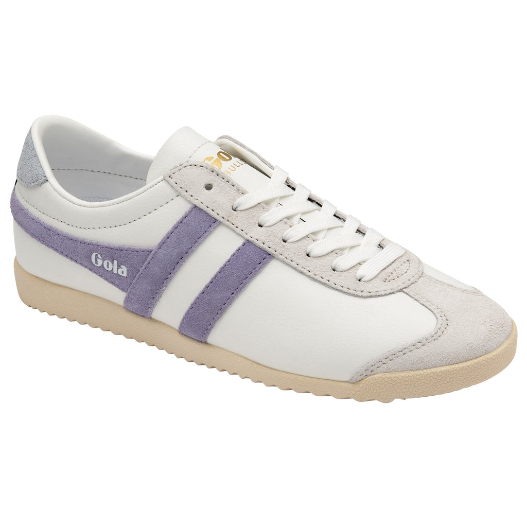 A single white Gola Bullet sneaker with purple stripes, shot from the side on a white background.