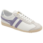 A single white Gola Bullet sneaker with purple stripes, shot from the side on a white background.