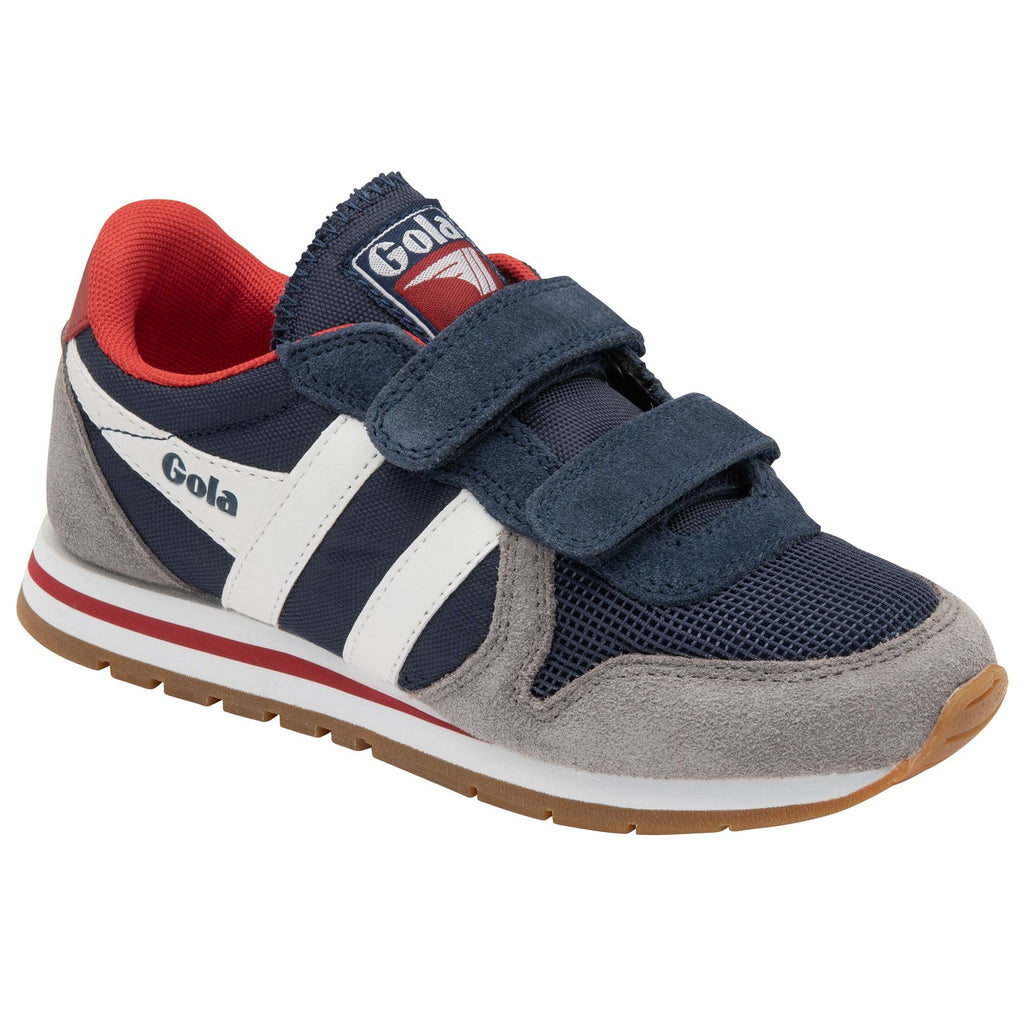 A single Gola kids' shoe with navy, grey, red, and white colors, three-quarter view.