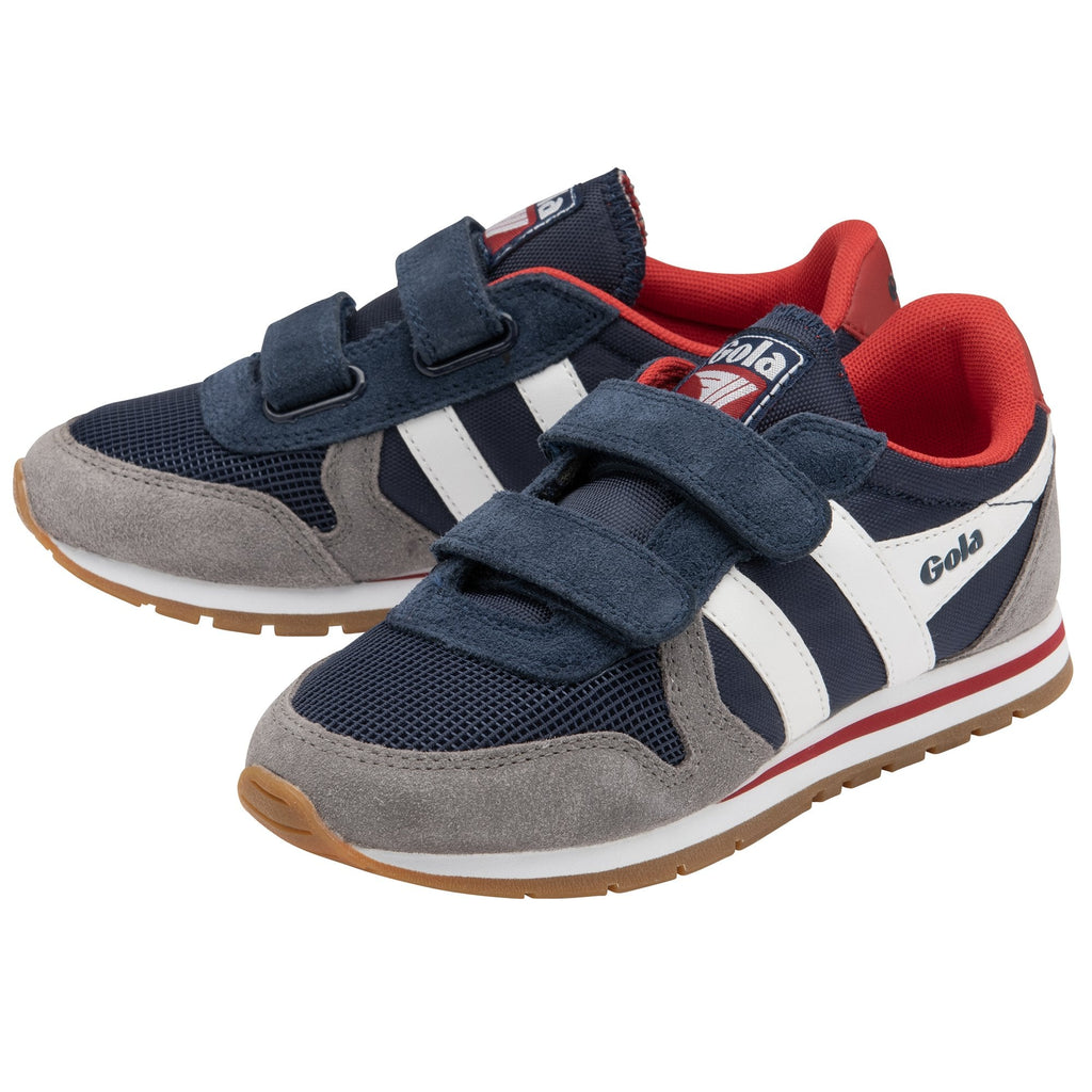 A pair of Gola kids' shoes with navy, grey, red, and white colors, side view.