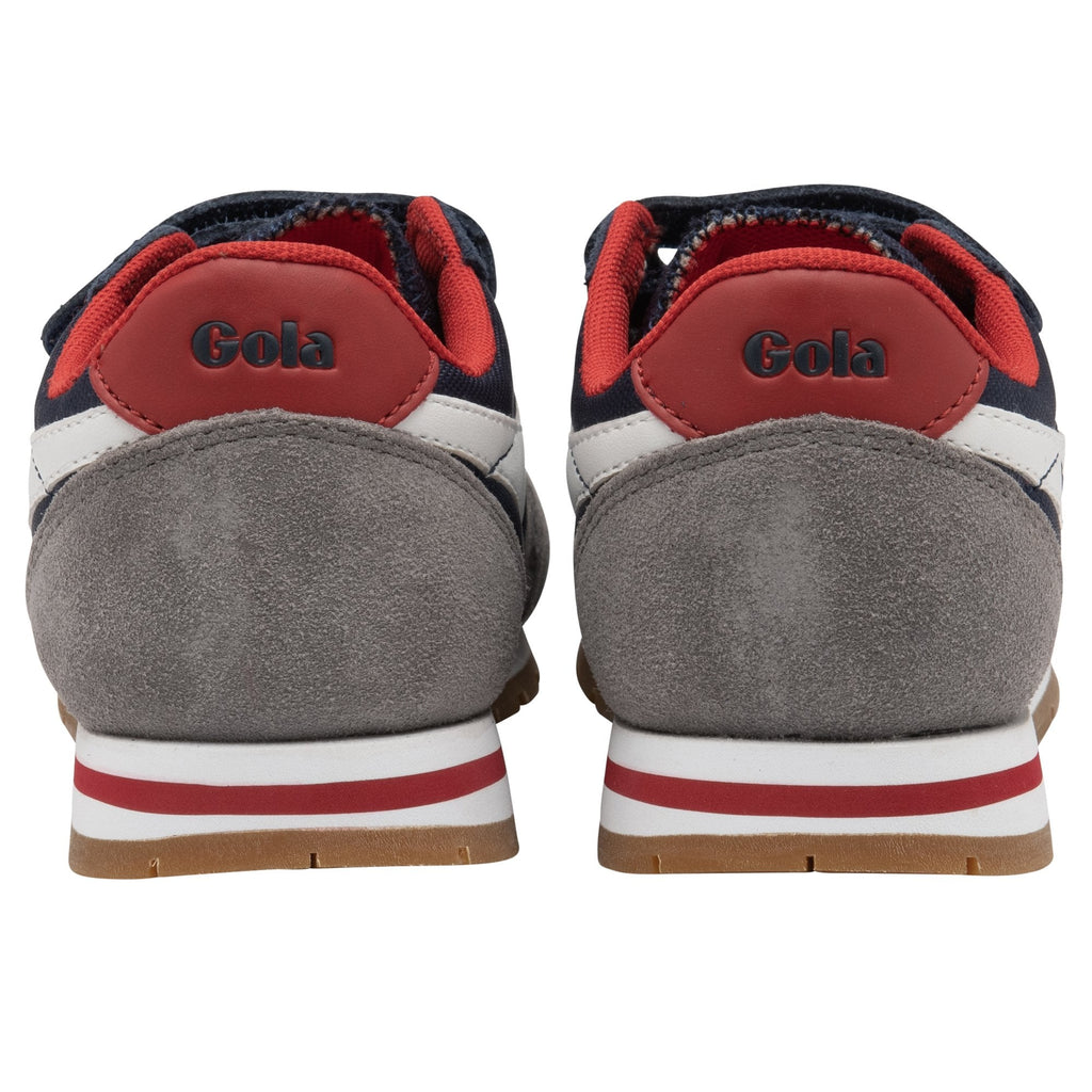 A pair of Gola kids' shoes with navy, grey, red, and white colors, back view.