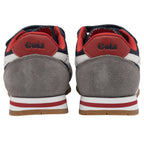 A pair of Gola kids' shoes with navy, grey, red, and white colors, back view.