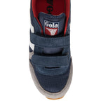 A single Gola kids' shoe with navy, grey, red, and white colors, top view.