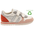 A recycled Gola sneaker with peach, red, and silver accents on a white background.