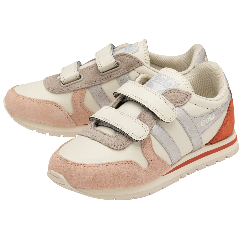 A pair of Gola sneakers with peach, red, and silver accents on a white background.