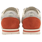 The rear view of a pair of Gola sneakers with red accents and a white background.