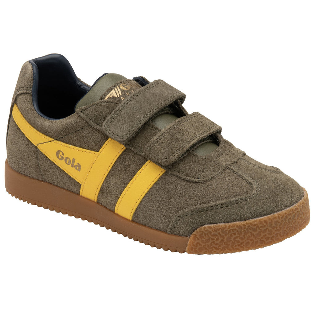 Three-quarter view of a single Gola Active kids’ trainer in green and yellow.