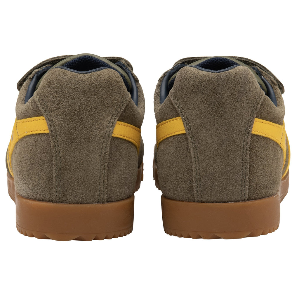 Rear view of a pair of Gola Active kids’ trainers in green and yellow.