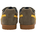 Rear view of a pair of Gola Active kids’ trainers in green and yellow.