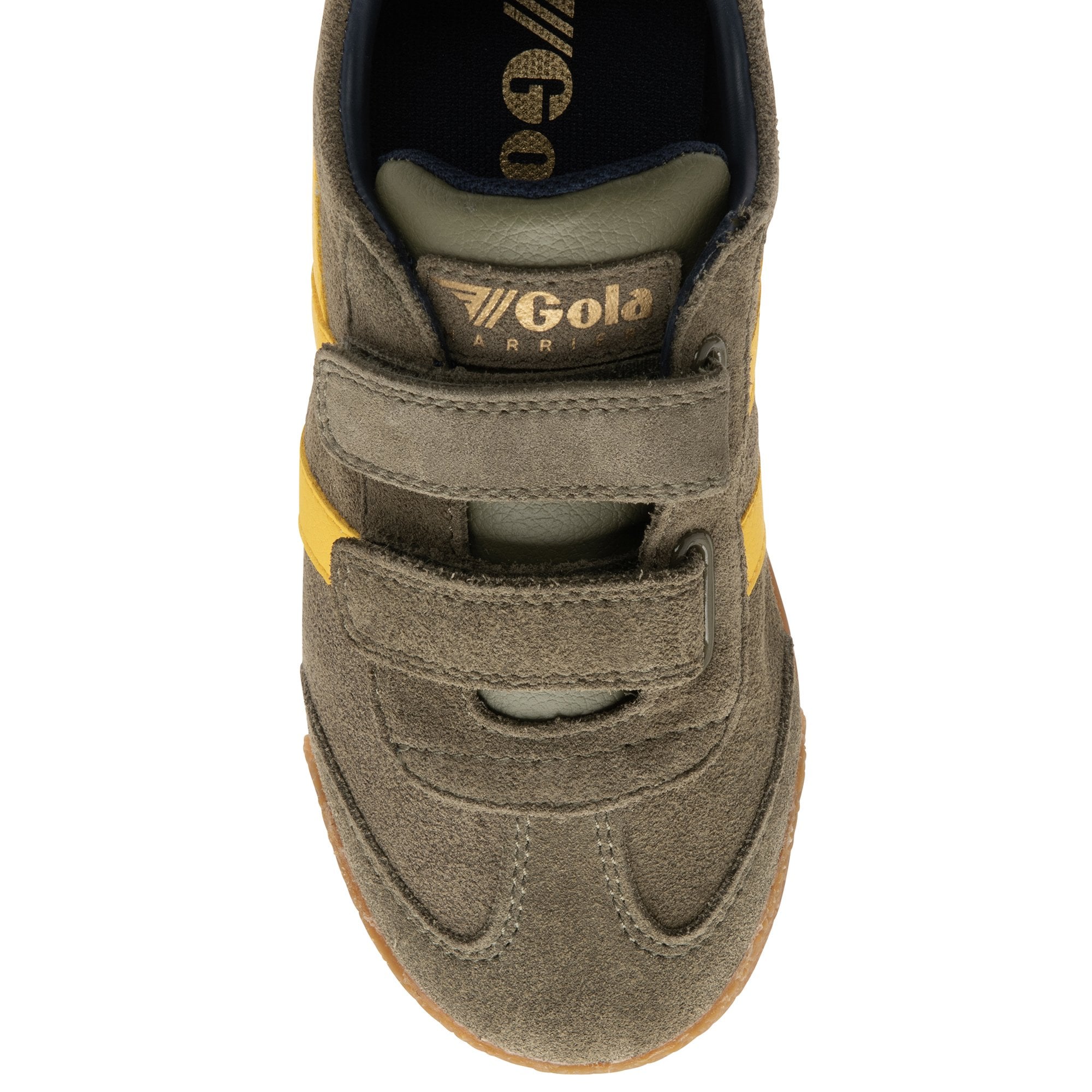 Top-down view of a single Gola Active kids’ trainer in green and yellow.