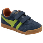 Angled view of a navy Gola Kids Hurricane trainer with lime green stripes and velcro straps.