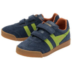 Pair of navy Gola Kids Hurricane trainers with lime green stripes and velcro straps.