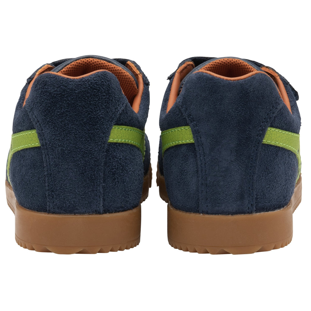 Rear view of a pair of navy Gola Kids Hurricane trainers with lime green stripes.