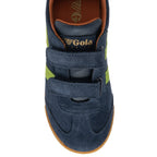 Top-down view of a navy Gola Kids Hurricane trainer with lime green stripes and velcro straps.