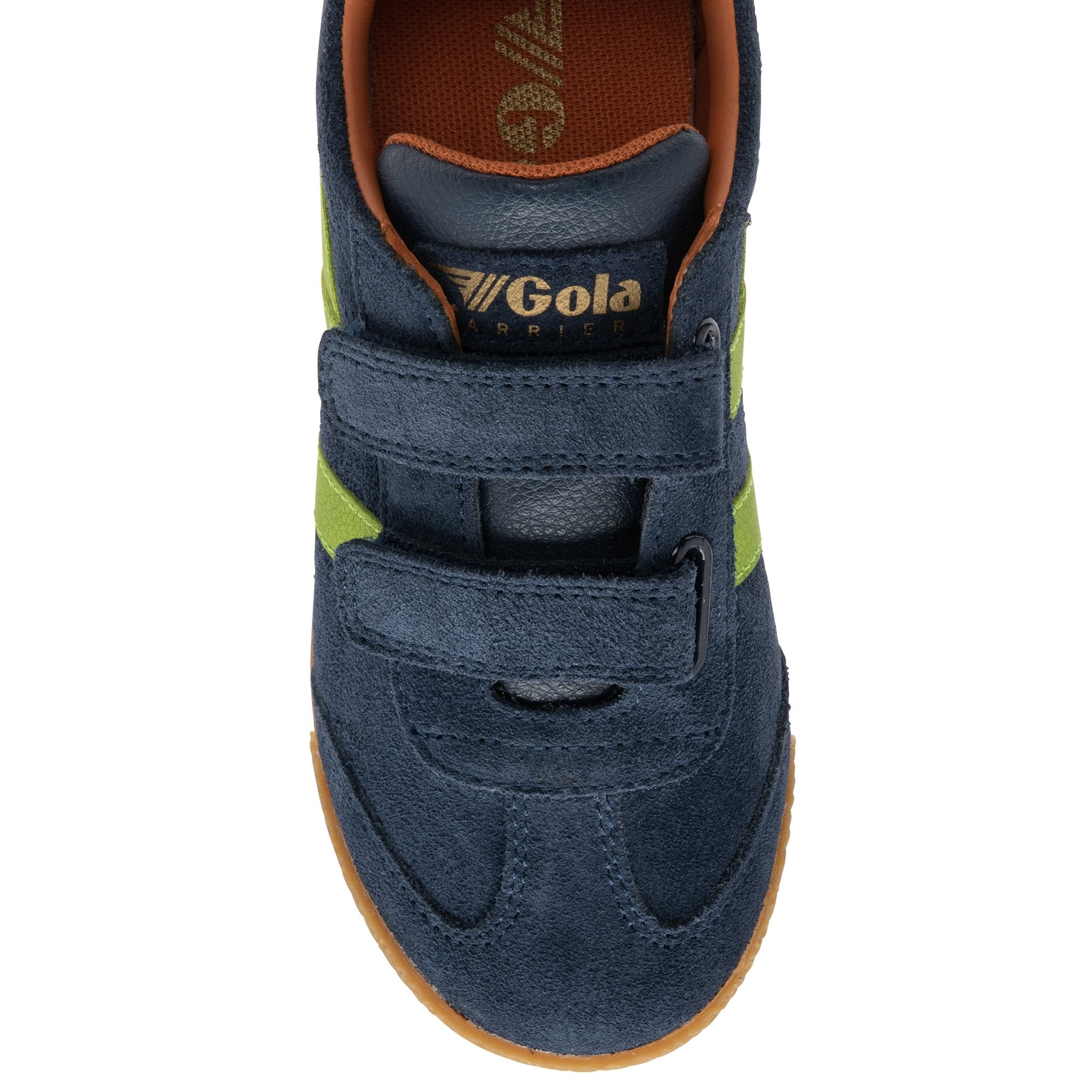 Top-down view of a navy Gola Kids Hurricane trainer with lime green stripes and velcro straps.