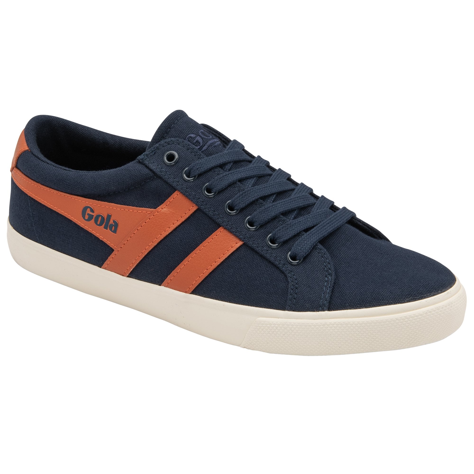 A single Gola low-top navy canvas sneaker with orange stripes, viewed from an angle.