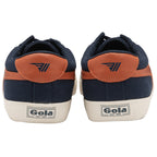 The back view of a pair of Gola low-top navy sneakers with orange accents.