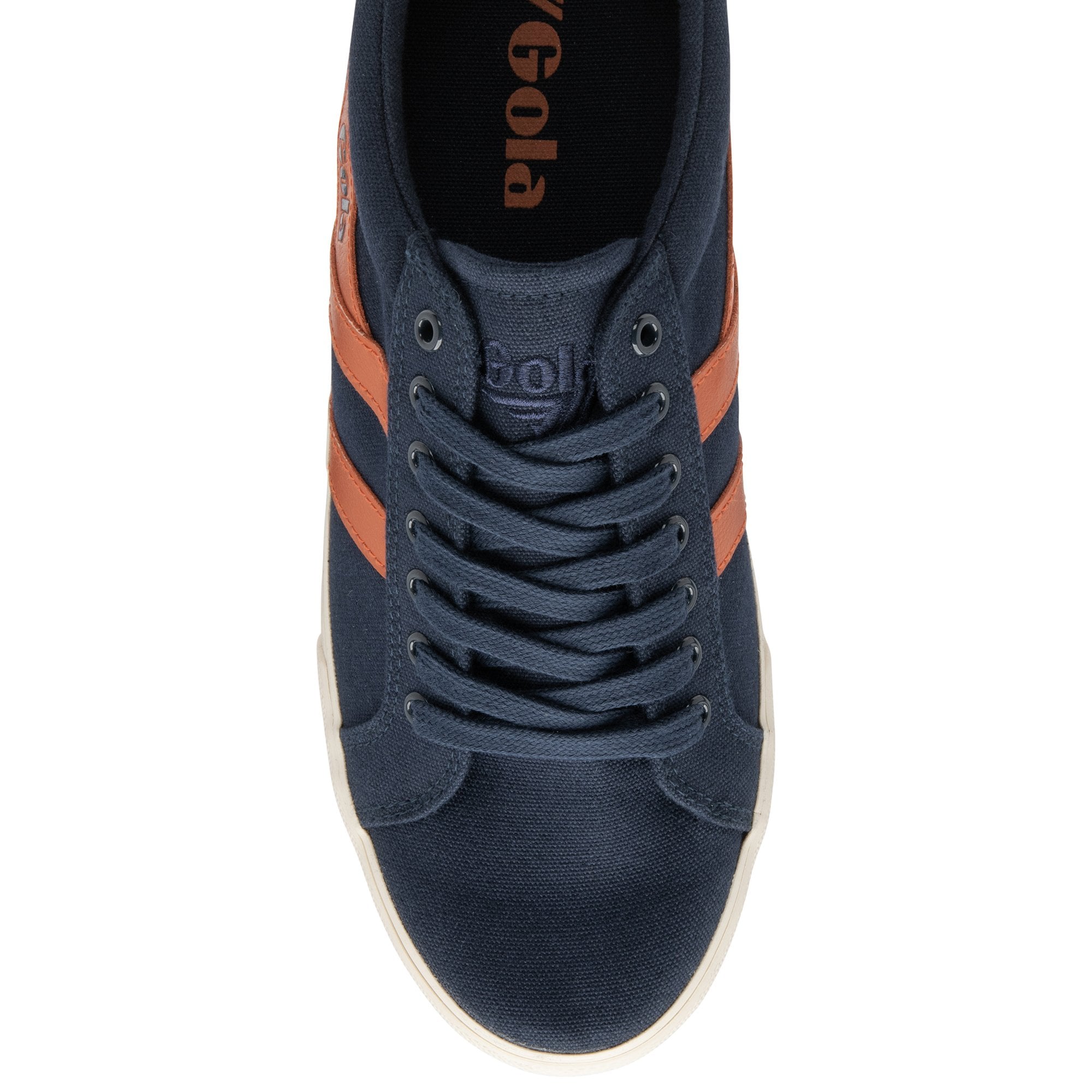A top-down view of a single Gola low-top navy canvas sneaker with orange stripes.