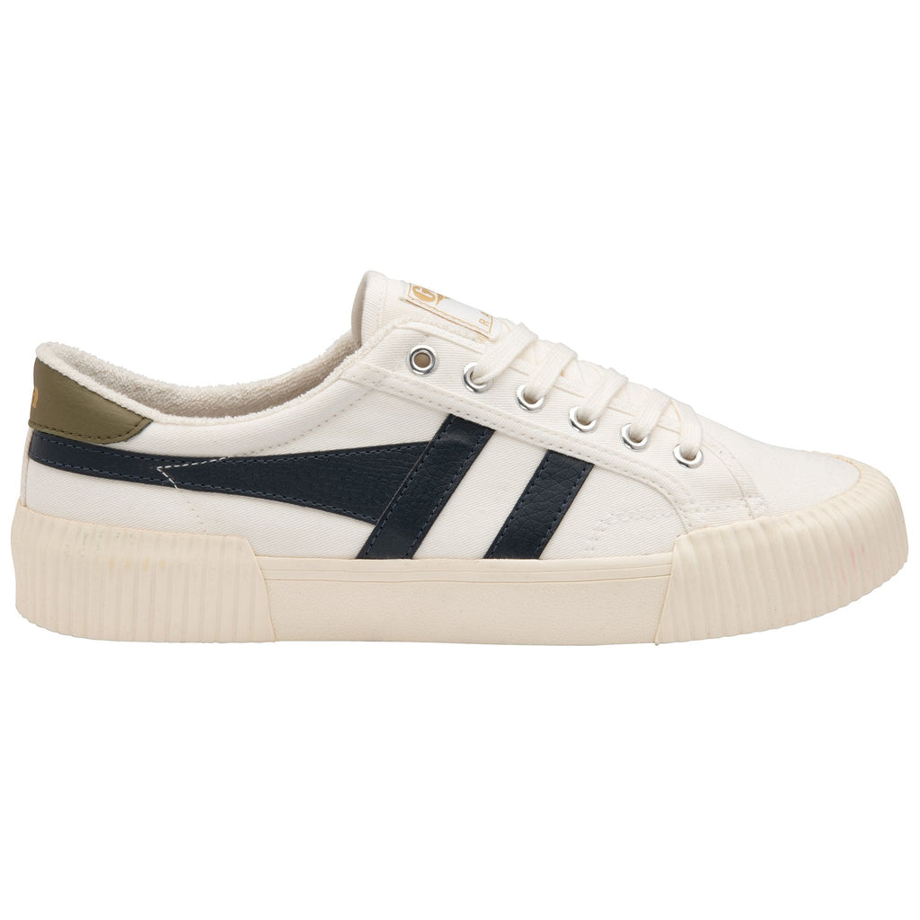 Side view of a white Gola Coaster shoe with black stripes and olive heel tab.