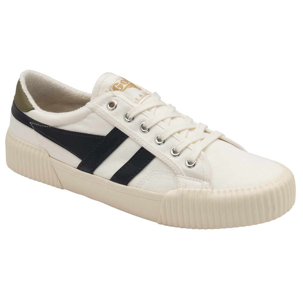 Angled view of a white Gola Coaster shoe with black stripes and olive heel tab.