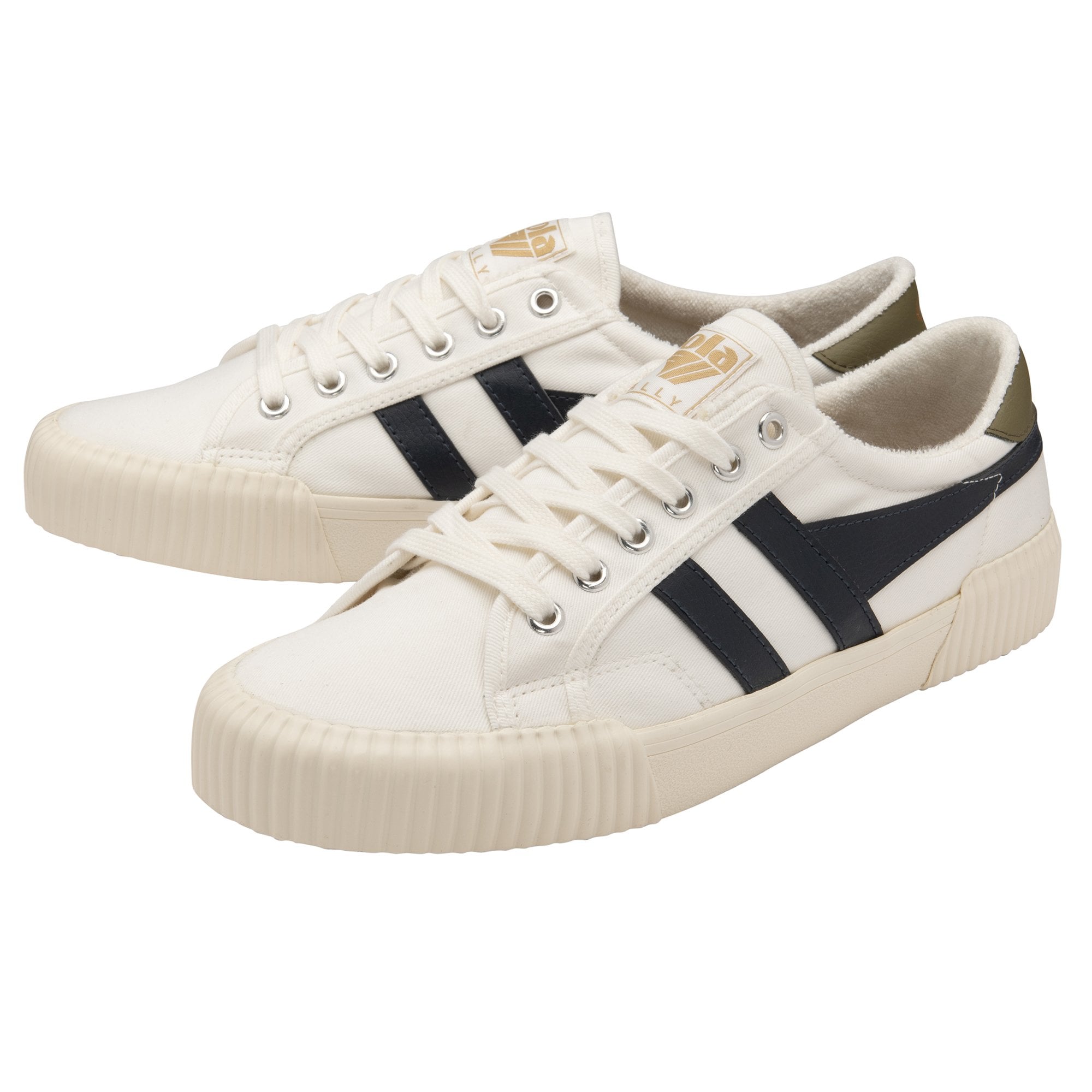 Pair of white Gola Coaster shoes with black stripes and olive heel tabs.