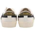 Back view of a pair of white Gola Coaster shoes with olive Gola heel tabs.