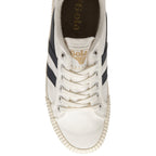 Top down view of a white Gola Coaster shoe with black stripes and laces.