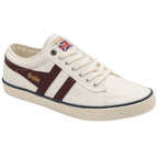 Side profile of a white Gola sneaker with two brown stripes and a British flag logo.