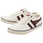 Pair of white Gola sneakers with two brown stripes and a British flag logo.