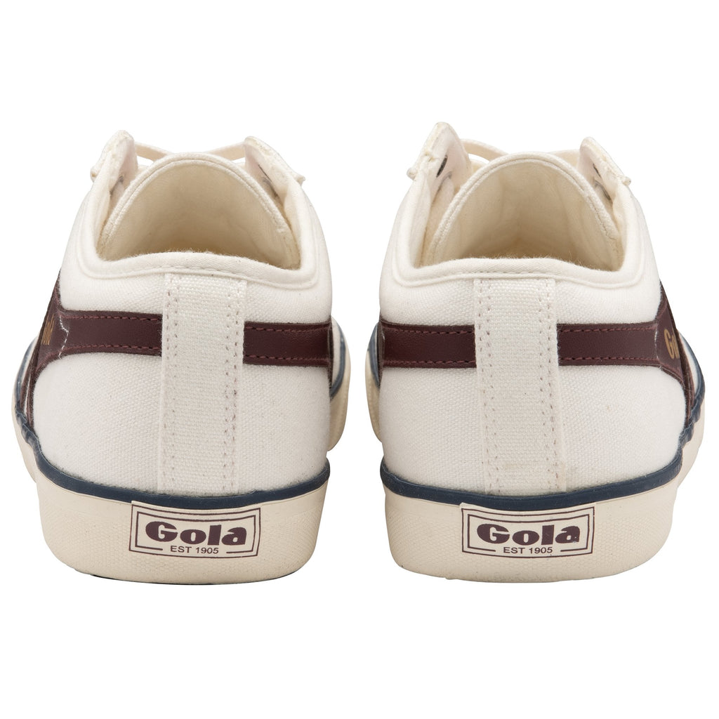 Back profile of a pair of white Gola sneakers with two brown stripes.