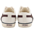 Back profile of a pair of white Gola sneakers with two brown stripes.