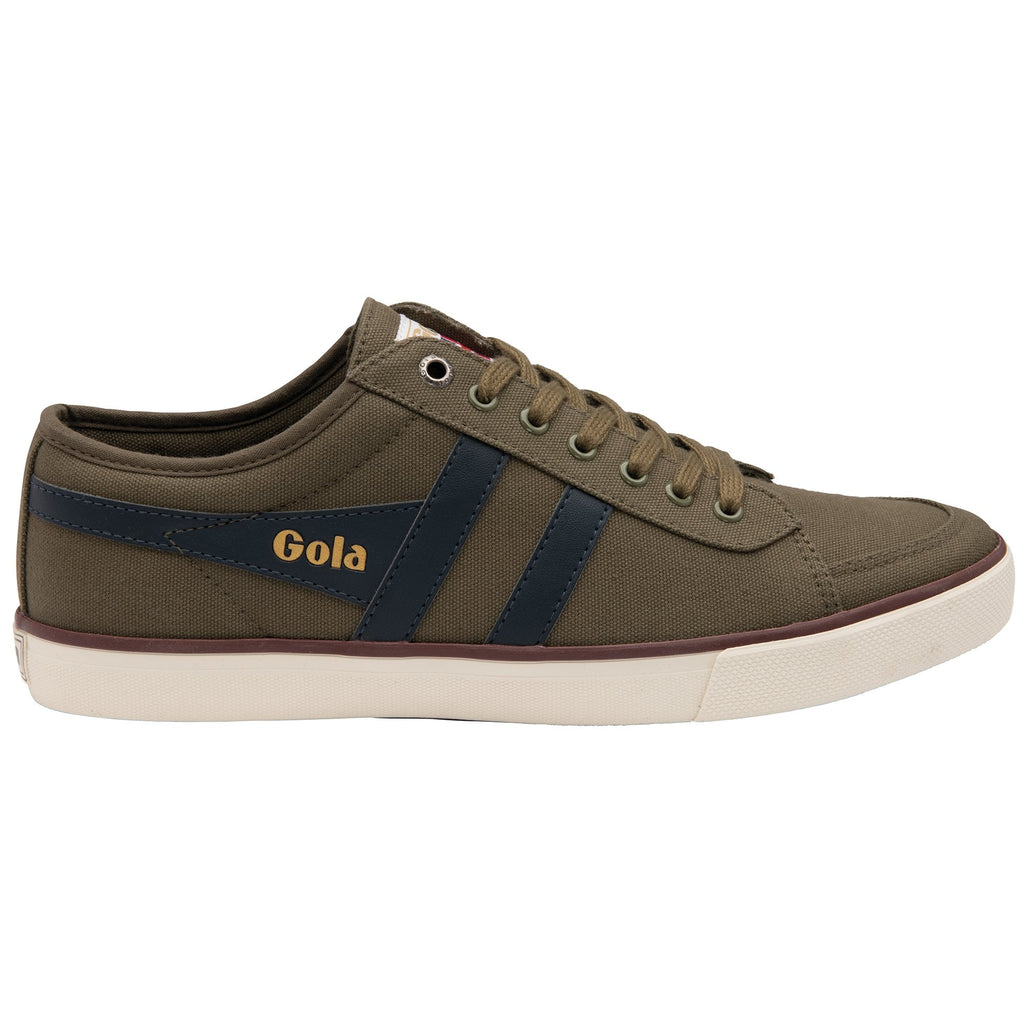 Side profile of a Gola men's sneaker, featuring olive green canvas and dark blue stripe.
