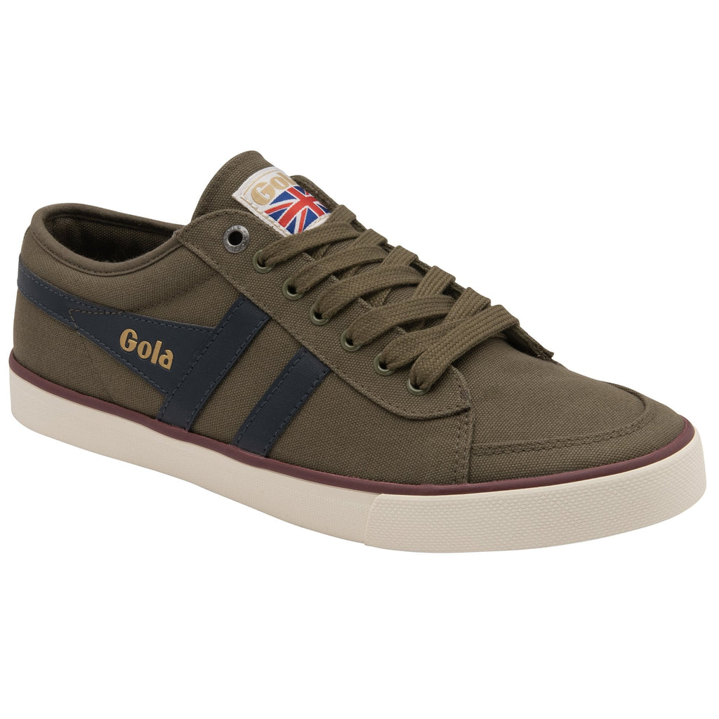 Angled view of a Gola men's sneaker, highlighting the Union Jack tongue and olive green color.