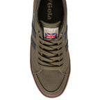 Top-down view of a Gola men's sneaker, focusing on the olive green laces and Union Jack.