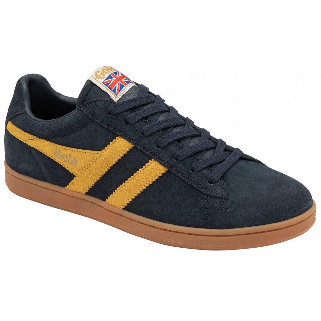 Angled view of a Gola men's low-top sneaker in navy and gold. Its sole is rubber.