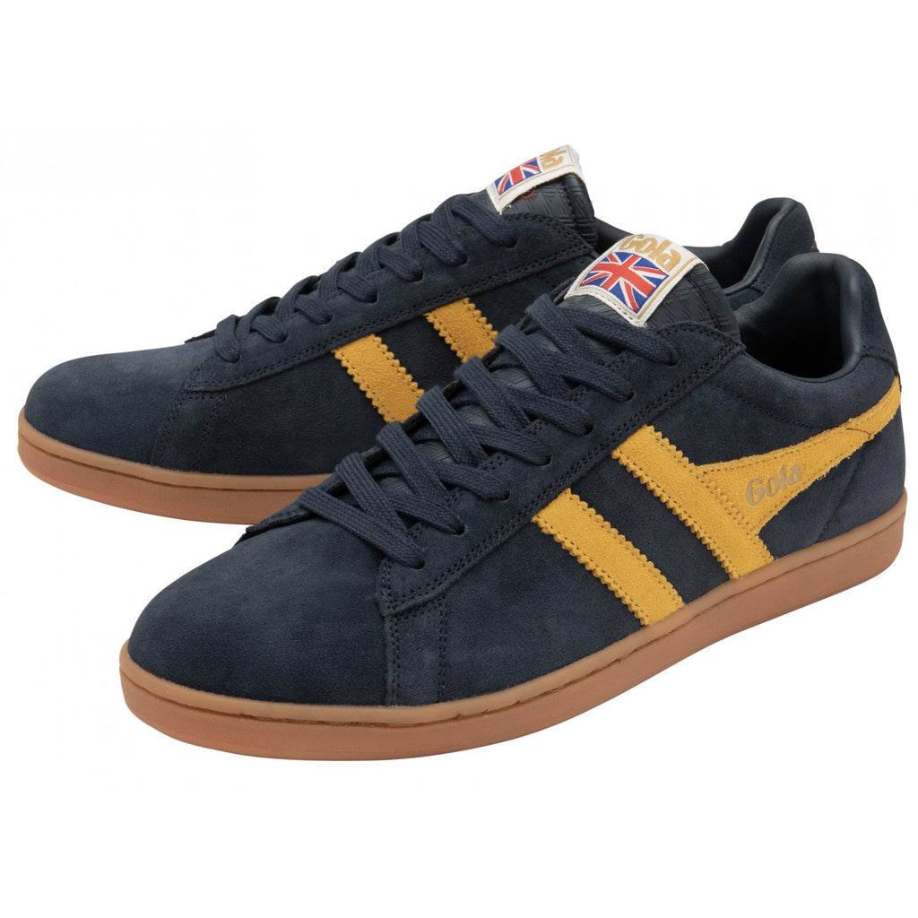 Pair of men's Gola low-top sneakers in navy and gold. Its soles are rubber.
